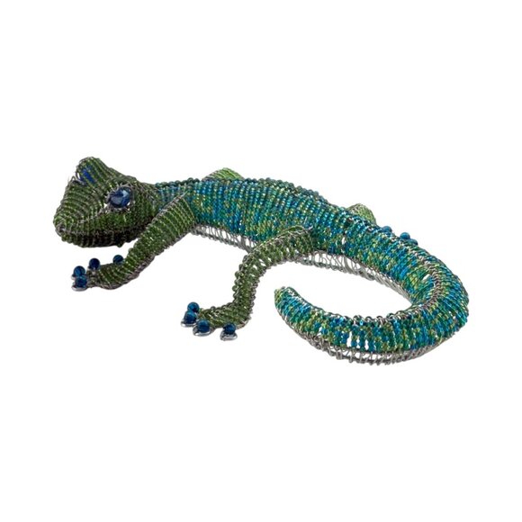 Beadworx Other - Gecko Beaded Wire Sculpture Green and Blue Beadworx 9" Long Figurine Collectible